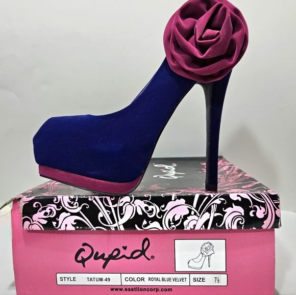 Qupid Blue/Dark Pink Velvet Peeptoe Platform Stilettos Sz 7.5 - Picture 8 of 8
